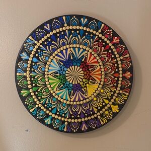Colorful Chakra Mandala on Wood-Hand Painted DotArt with Gold Details & Crystals